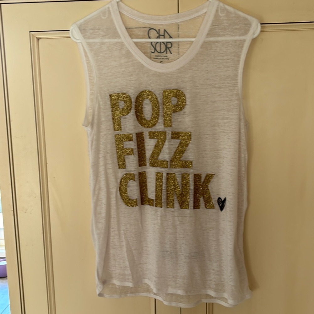 Chaser White Pop Fizz Clink Gold Glitter Tank Top